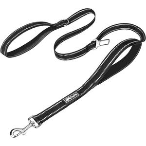 PoyPet 5 Feet Dog Leash - 3M Reflective - 2 Cushioned Handles - Functional Car Seat Belt(Black)