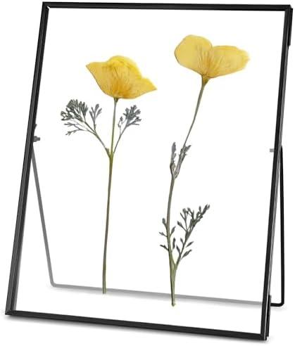 REDHUGO Glass Pressed Flower Frame Handmade, Floating Picture Frames for Pressed Flowers, Tabletop Artwork Photo Frames, Brass Desk Picture Frame for Home Office Plant Specimen, Black, 8x10 Inches