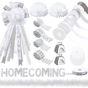 Homecoming Mum Supplies Set - 7'' Artificial Mum Flower Paper Disc Backer Ribbon DIY Craft Kit for Homecoming Week Dancing Party King Queen Gift Decor (Silver, Elegant Style) (Sliver)