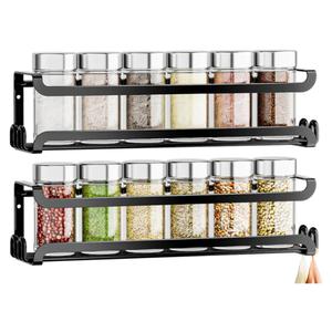 LUCYCAZ 2 Pack Wall Mounted Spice Rack with 8 Hooks, Spice Organizer Shelf for Stove Cabinet Pantry Door,Screw or Adhesive Spice Shelf Hanging Wall Spice Rack in Kitchen and RV (Black, 2 PACK)