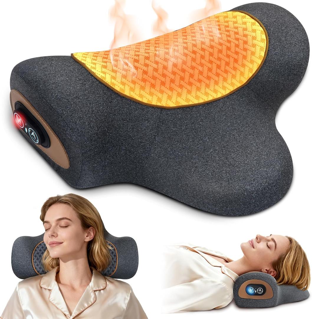 Rechargeable 3-in-1 Neck Massager Pillow with Heat,Vibration & Air Traction - Heated Neck Pillow Massage Hump Soothing Neck Relaxation, Posture Support & Stress Relief