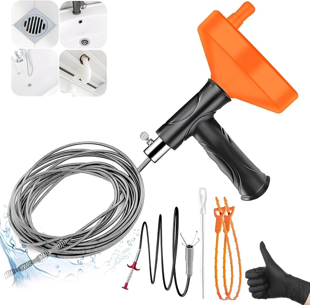 Drain Snake Auger33 Feet, Plumbing Snake Drain Hair Clog Removal Tool, Heavy Duty Snake Auger, Sink Unclogger Drain Cleaner Tool for Bathroom Kitchen Tub Shower Drain Clog Remover with Gloves