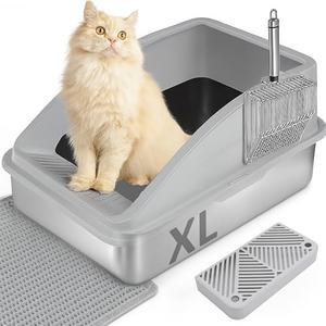 Large Stainless Steel Cat Litter Box, Enclosed Litter Box for Multiple Cats, Spacious and Easy to Maintain, Sturdy Metal Construction with Upper Cover, Litter Pad, Shovel and Footboard (Silver Gray)