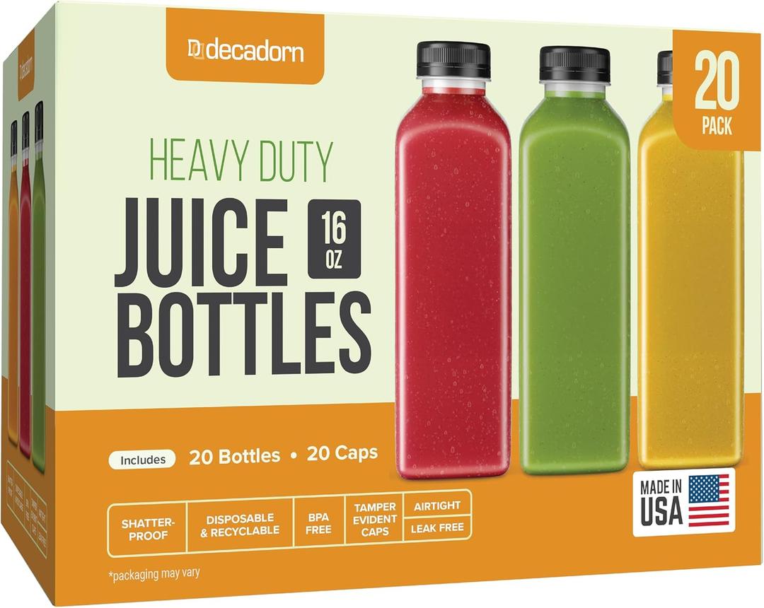 DECADORN 16oz 20pcs Juice Bottles With Caps  MADE IN USA Juice Containers With Lids For Fridge  Juicer Bottles With Tamper Evident Caps, Shatterproof, BPAFree, Leak proof, Disposable & Recyclable