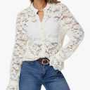 Long Sleeve Lace Blouse for Women Dressy Button Down Shirt Crew Neck Eyelet Top Elegant Casual Work Wear (Large, Beige)