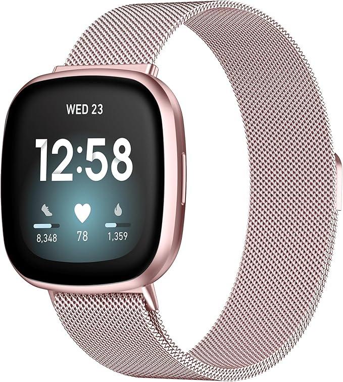 Compatible with Fitbit Versa 3/4 Bands, Rose Gold Stainless Steel Metal Mesh Band Bracelet Strap Replacement for Men & Women, Large