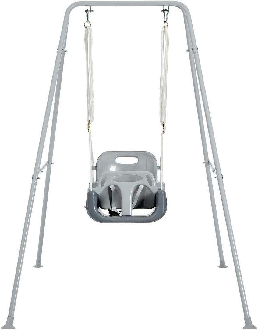 FUNLIO 3-in-1 Toddler Swing Set with 4 Sandbags, Indoor/Outdoor Baby Swing with Foldable Metal Stand, Kids Swing Set for Backyard, Clear Instructions, Easy to Assemble & Store, Grey