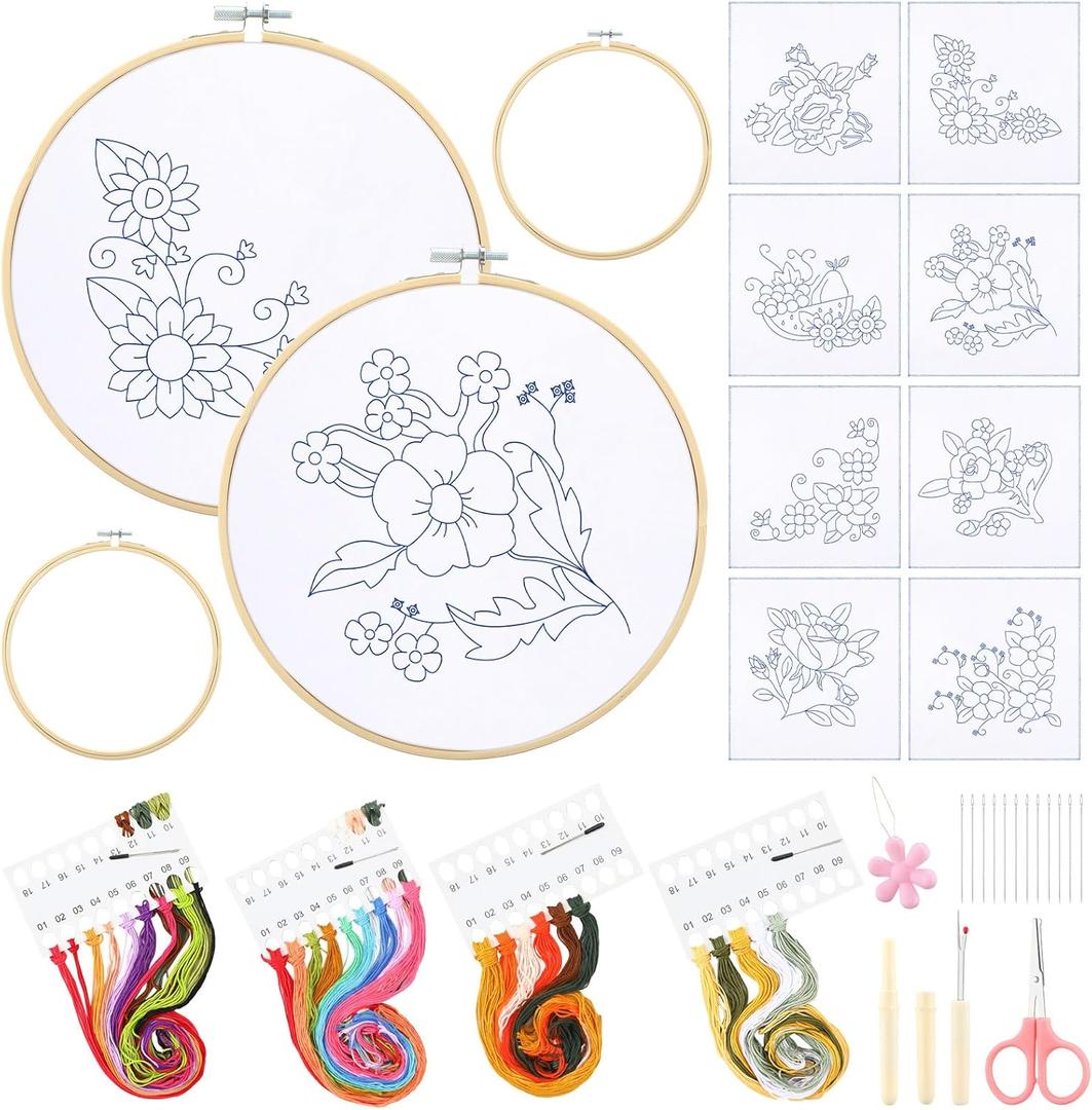 Tioncy 8 Sets Mexican Embroidery Napkins Kit 17.7 x 16.5 Inch Servilletas Para Bordar a Mano Including Mexican Napkin Bamboo Hoop Color Threads and Needles for Beginner Adult DIY Hand Craft Lover Gift