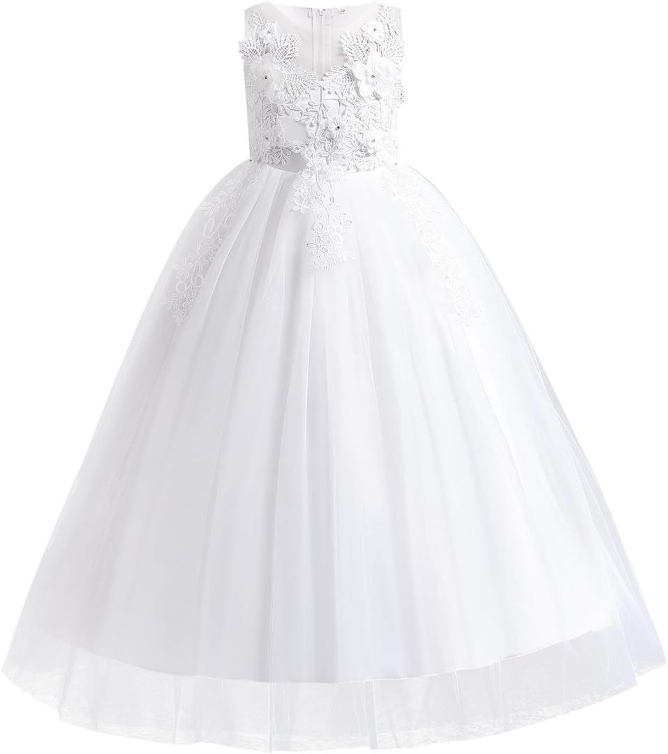 Little Big Girl Flower Tulle Dress Princess Pageant Birthday Party Wedding Formal Floor Long Dance Evening Maxi Gown (White, S)