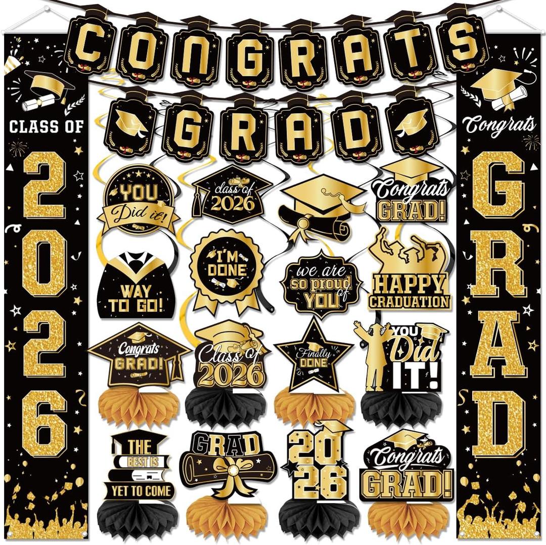 Graduation Decorations Class of 2026 Black and Gold Congrats Grad Banner We are So Proud of You Hanging Swirls Class of 2026 Honeycomb Centerpieces for High School College Grad Party Supplies (Black Gold)