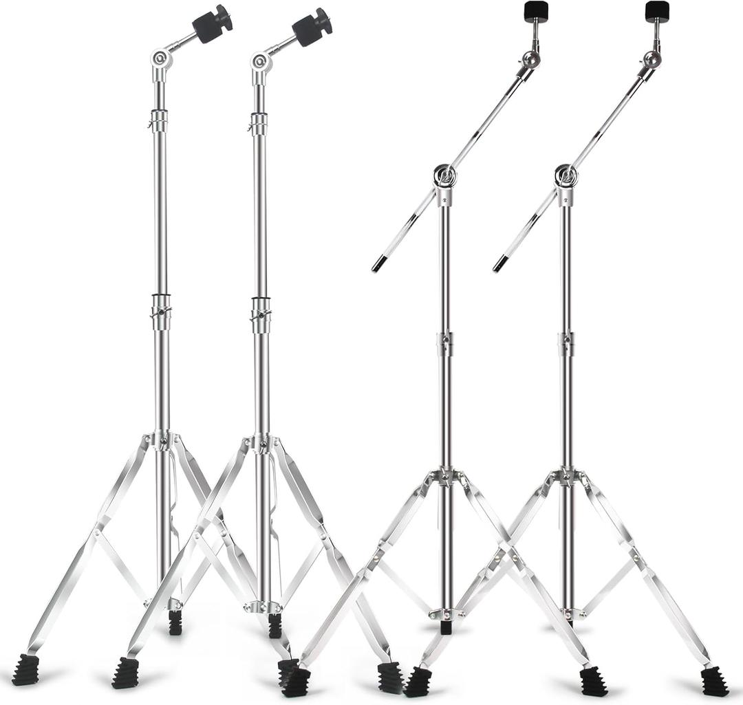 2 Pack Straight Cymbal Stand + 2 Pack Boom Cymbal Stand Combo Set, Adjustable Drum Hardware Percussion Mount Holder Gear Set for Mounting Crash, Ride, Splash Cymbal, Double Braced Legs (4 Pack)