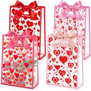 Capoda 24 Pack Valentine's Day Gift Bags Bulk with Handle & Ribbons - Reusable Plastic Heart Favor Bags for Classroom School Party Exchange, Waterproof Goody Treat Totes for Galentine's Wedding Gifts