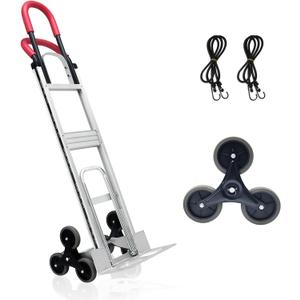 Aluminum Stair Climbing Cart, 600 lbs Capacity Stair Climber Hand Truck Dolly, 2 in 1 Heavy-Duty Trolley Cart with Dual Handles, 6 Wheels & 2 Elastic Ropes for Home Shopping Moving Warehouse