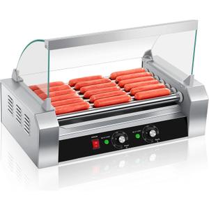 SYBO Hot Dog Roller - 18 Capacity, Non-stick Stainless Steel Rollers, Detachable Glass Cover, 1000-Watts, ETL Certified