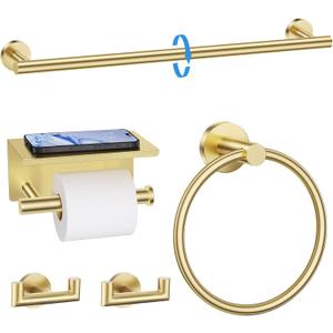 TNOMS 5-Piece Towel Bar Set Brushed Gold Bathroom Hardware Accessories Set Include 23.6in Towel Bar Toilet Paper Holder Towel Ring Towel Hooks Stainless Steel Towel Holder Set Wall Mounted