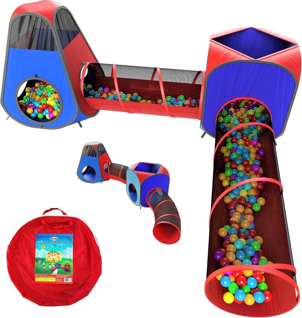 Playz 4pc Pop Up Play Tent and Tunnel Bundle for Toddlers and Kids - Indoor & Outdoor Playhouse with Storage Bag, Red & Blue