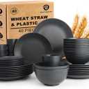 Wheat Straw Dinnerware Sets 40 PCS- Unbreakable Dishes Set for 8, Dishwasher and Microwave Safe Plates and Bowls Sets, Reusable Plastic Plates, Bowls, Drinking Cups for Camping, Party - Black