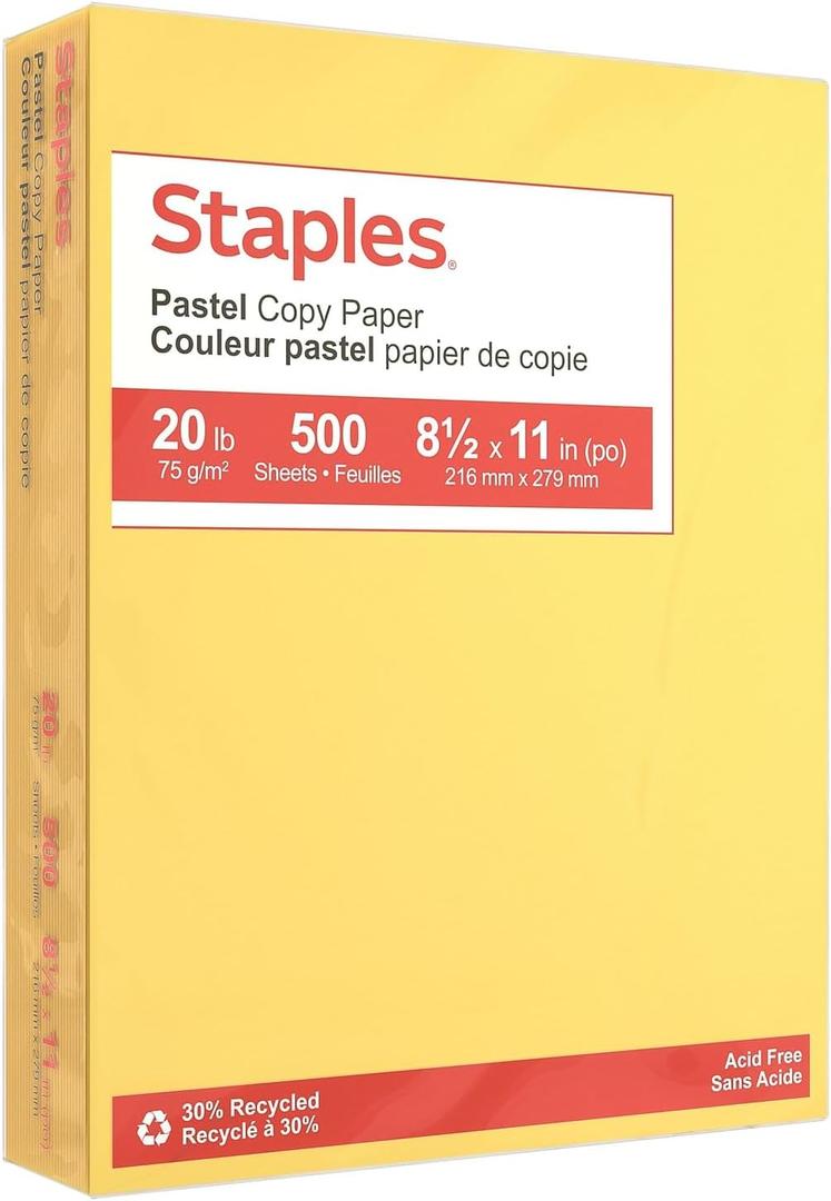 Staples 30% Recycled, 8.5 x 11 Inch, 20 lbs, 500-Sheets Pack, Canary