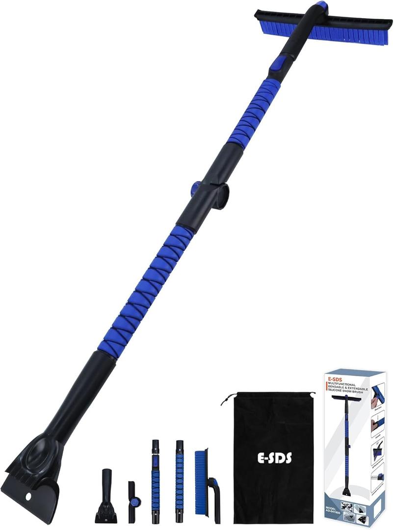 E-SDS 59 Car Snow Brush Ice Scraper Bendable Snow Scraper for Cars with Silicone Brush, Extendable Snow Removal Tool for Car, Truck, SUV