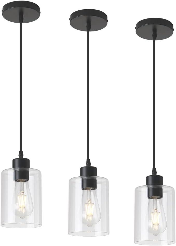 Modern Black Farmhouse Clear Glass Cylinder Pendant Light Fixture,Mini Pendant Lighting for Kitchen Island Decor - 4.75 Inch Shade, 2-58 Inch Cord (Black 3 Pack)