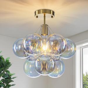 GoYeel Semi Flush Mount Ceiling Lighting 14.17", Modern Chandelier Gold Globe Colorful Bubble Ceiling Light Fixture with 9 Chromatic Glass Ball for Foyer Kitchen Bedroom, Include E26 Bulb, 14.96 in L