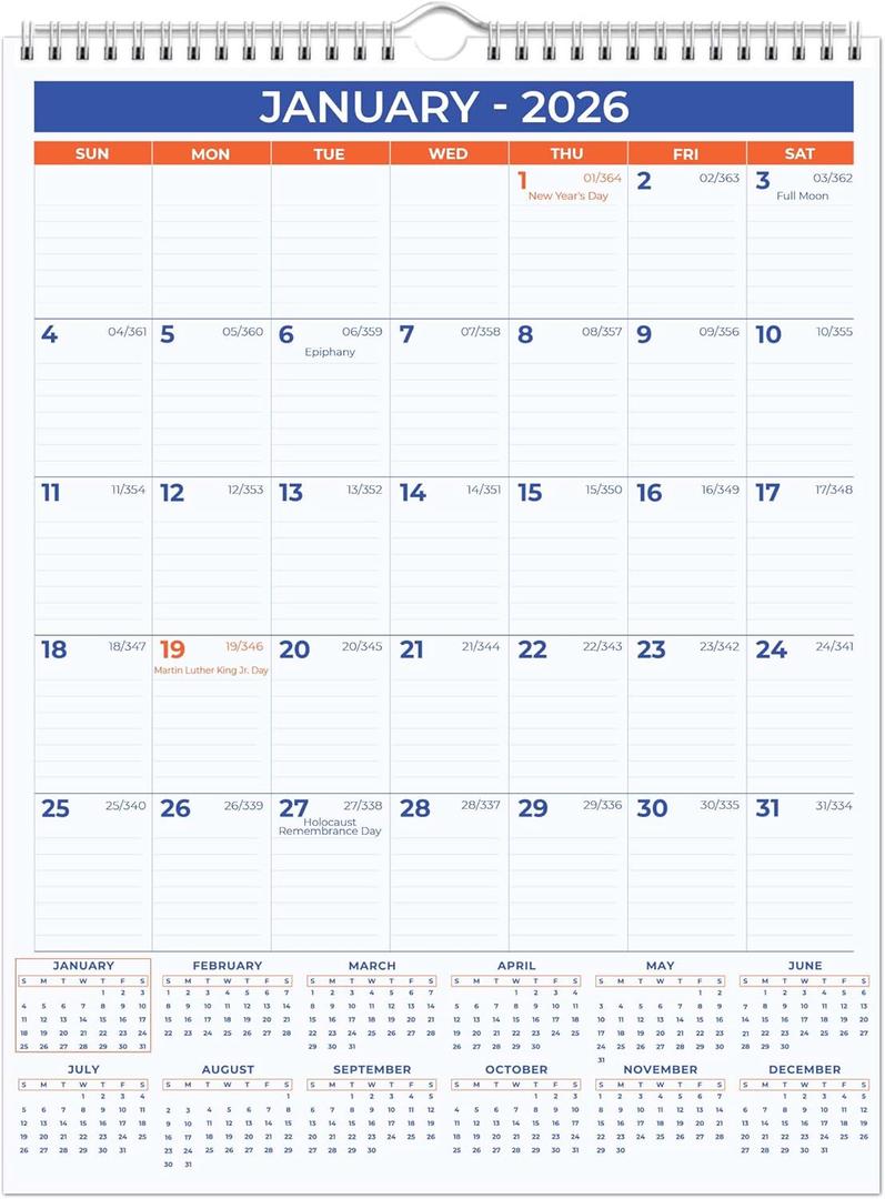 2026 Wall Calendar, Jan–Dec, Large 11" x 17" Hanging Planner, Twin‑Wire Bound, Big Daily Blocks, Holidays, Julian Dates, Sturdy Hanging Hook