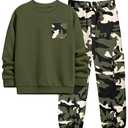 WIQI Boys Clothes Size 10-12 Youth Boys Fall Outfits Teen Sweatsuit Crewneck Pullover Sweatshirt Tops Casual Pants 2 Piece Winter Clothing Sets (Green)