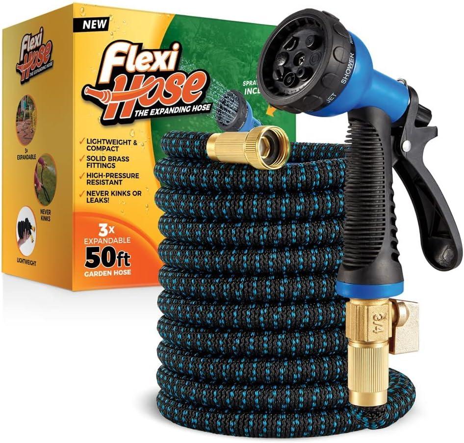 Flexi Hose with 8 Function Nozzle, 50FT - Lightweight Expandable Garden Hose, No-Kink Flexibility, 3/4 Inch Solid Brass Fittings and Double Latex Core (Blue & Black)