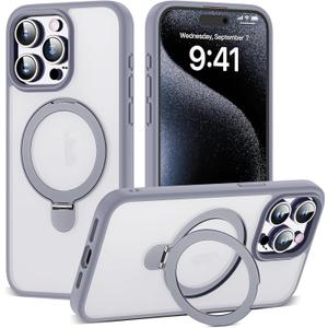 Designed for iPhone 15 Pro Max Case with Magnetic Ring Stand [Compatible with Mag-Safe] [Military Drop Protection] Shockproof Translucent Phone Cover 6.7" for Women Men,Grey (Gray)