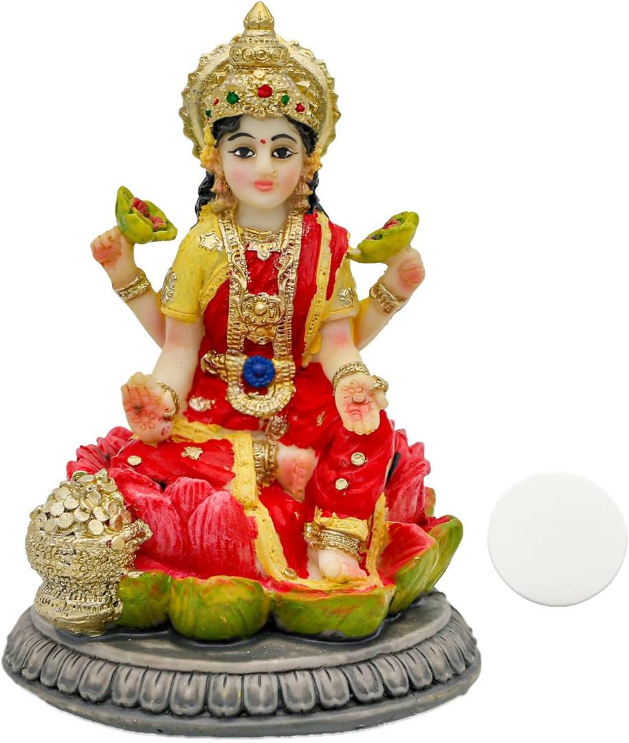 alikiki Small Hindu Goddess Lakshmi Statue - 3.9H Indian Ido Laxmi Figurine for Car Dash Board Decor Home Office Mandir Temple Altar Shrine Pooja Item Murti for Diwali Puja Gifts