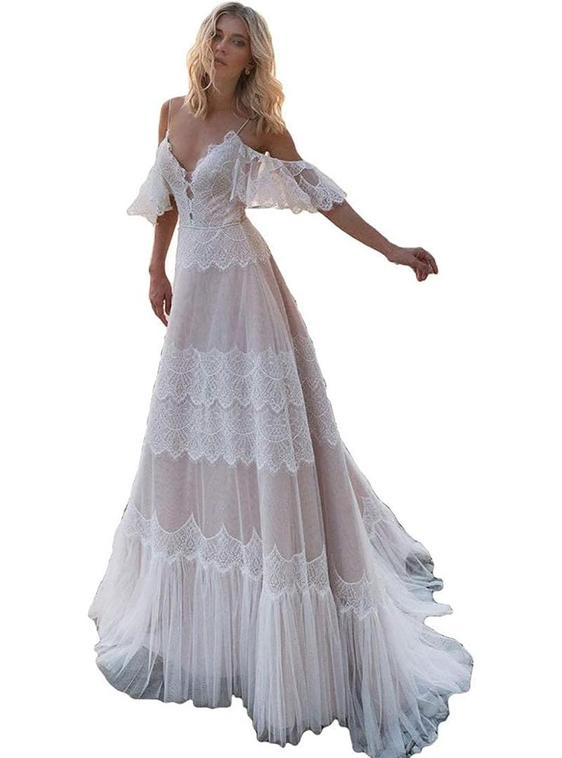 Women's Wedding Dresses Chic Lace Evening Dresses V Neck Ruffle Sleeves Beachy Boho Outdoorsy Wedding Gowns size s