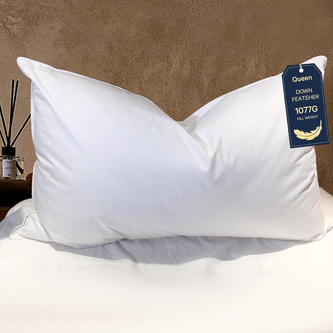 BHZ Goose Down Feather Pillows Queen Size - Hotel Collection Bed Pillows for Sleeping Medium Firm Soft Support Pillow for Side and Back Sleepers with Breathable Cover (Queen (Pack of 1), White)