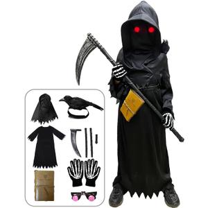 longpo Halloween Costumes for Boys Grim Reaper Costume Kids Set Scary Ghost Cosplay Outfit Halloween Party Favors Gifts (X-Large)
