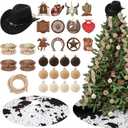 Syhood 31 Pcs Western Cowboy Christmas Tree Decor Set Velvet Christmas Ball Rustic Cowboy Hat Rope Cowhide Print Xmas Tree Skirt Wooden Ornament Vintage Burlap Ribbon for Xmas Holiday Party Home Decor