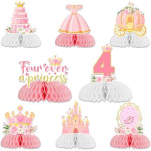 Sursurprise Princess 4th Birthday Party Decorations, 8Pcs Four Ever A Princess Honeycomb Centerpieces Table Toppers for Girls, Princess Themed 4 Years Old Birthday Party Supplies