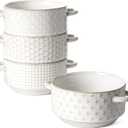 LE TAUCI Soup Bowls with Handles, 20 oz French Onion Soup Crocks, Stackable Soup Bowl Oven Safe for Chili, Beef Stew, Embossment Ceramic Bowl Set - 5.4 Inch, Set of 4, Arctic White