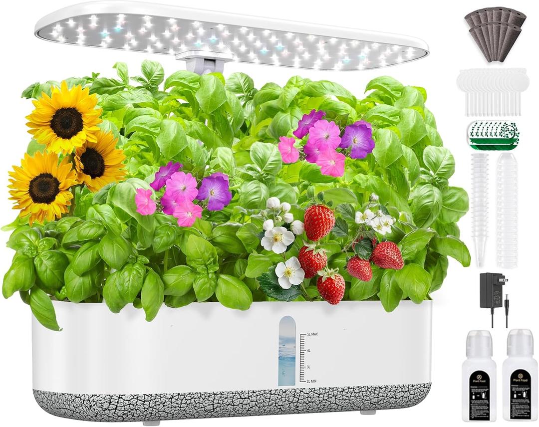 Large Hydroponics Growing System 14 Pods, Indoor Herb Garden with LED Grow Light, 5L Water Tank, Hydroponic Grow Kit with 3 Auto-Timers, Rotatable Light Panel and Child Lock for Home School Gardening (White)