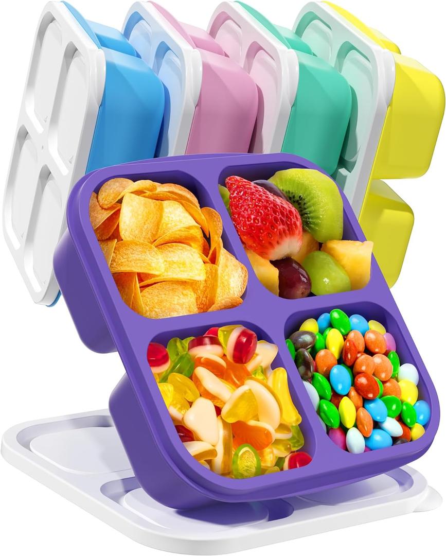 5 Pcs Bento Snack Containers, Reusable 4 Compartment Divided Food Storage Containers, Divided Lunchable Container for School, Work and Travel (5 Color) (White Lids)