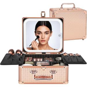 Relavel Makeup Bag with LED Mirror, Makeup Box Travel Train Case with Rechargeable Lighted Mirror, Cosmetic Brush Organizer Storage for Makeup Artists Gifts for Women and Girls, Rose Gold (Small)