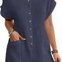 Bsubseach Womens Rompers For Summer 2025 Shorts Jumpsuit Short Sleeve Button Down Romper With Pockets Beach Vacation Outfits (Large, Navy Blue)