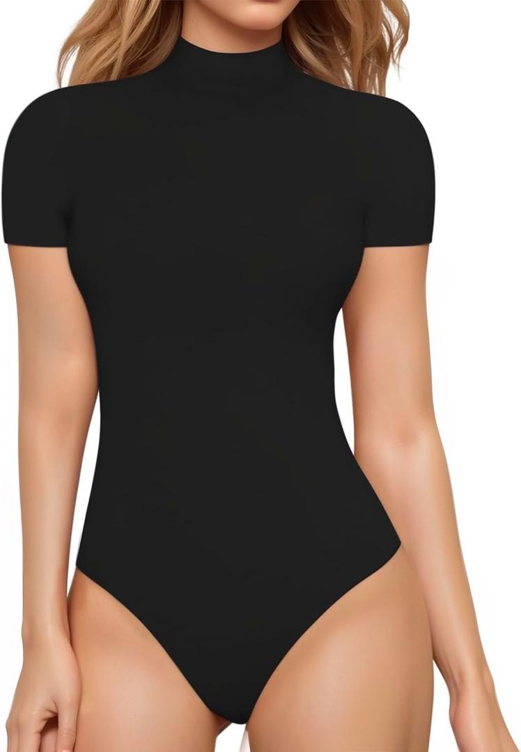 MANGOPOP Women's Mock Turtle Neck Body Suits Short Sleeve Bodysuit Basic T shirts Leotard Clothing, Size M