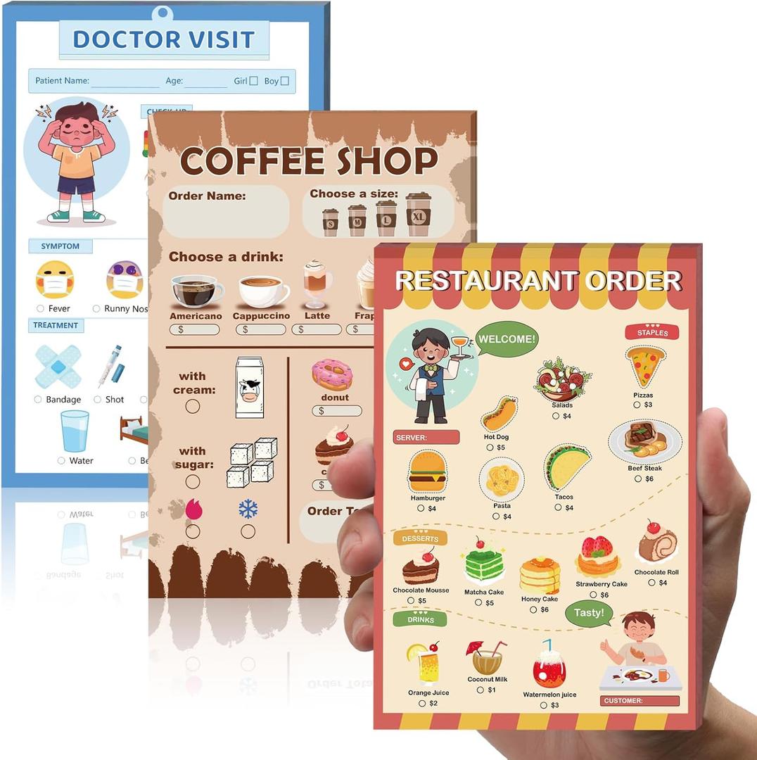 Kids Pretend Play Notepads 4X6 In Pretend Play Notebooks Playtime Notepads Variety Role Play Game Accessories Pages Each for Kids Toddlers 3-5(3,Colored)