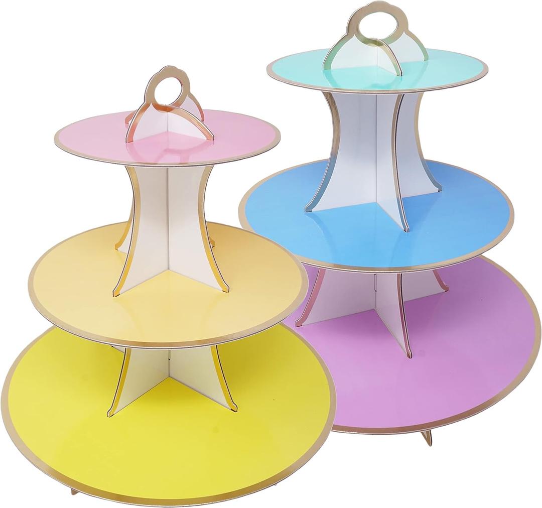 3-Tier Dessert & Cupcake Decorative Serving Tray Stand for Birthdays and All Themed Parties & Events, 2 Serving Towers Per Pack (Pastel Rainbow)