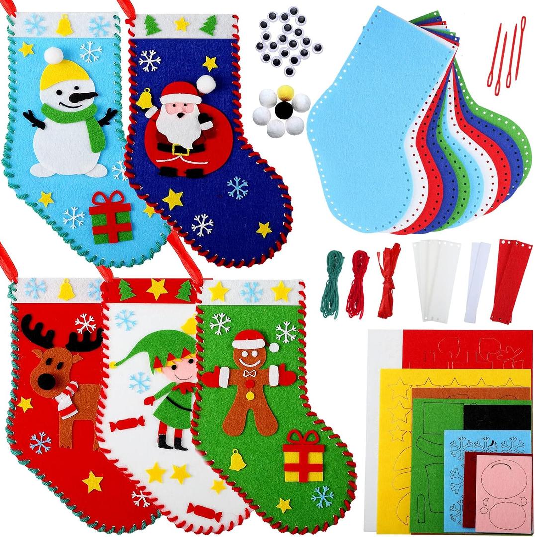Breling 10 Pieces Felt Christmas Craft DIY Christmas Felt Stockings with Ornaments Handmade Sewing Sock Kits Decorations Crafts Kits Party Hand DIY Supplies, 5 Styles