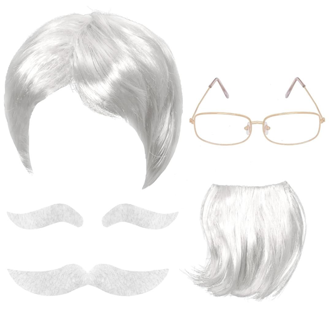 Old Man Wig And Mustache Set Old Man Costume Kit Grandpa Costume Accessories Grey Wig Fake Beard Eyebrows Glasses for Men Adults Teens for Halloween 100th Day of School (white)
