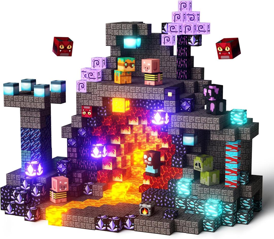 GobiDex 100PCS Magnetic Building Blocks Playset with Light-Up Blocks, STEM Sensory Travel Toys for Kids, Pretend Play Montessori Gifts for Halloween