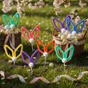 Suncalla 12 Pcs Easter Tree Decoration Large Bunny Ear Picks with White Pom Poms 9.8 Inch Colorful Easter Tree Topper Ornaments Signs Cute Rabbit Ears Picks Ornaments for Spring Party Vase Decor