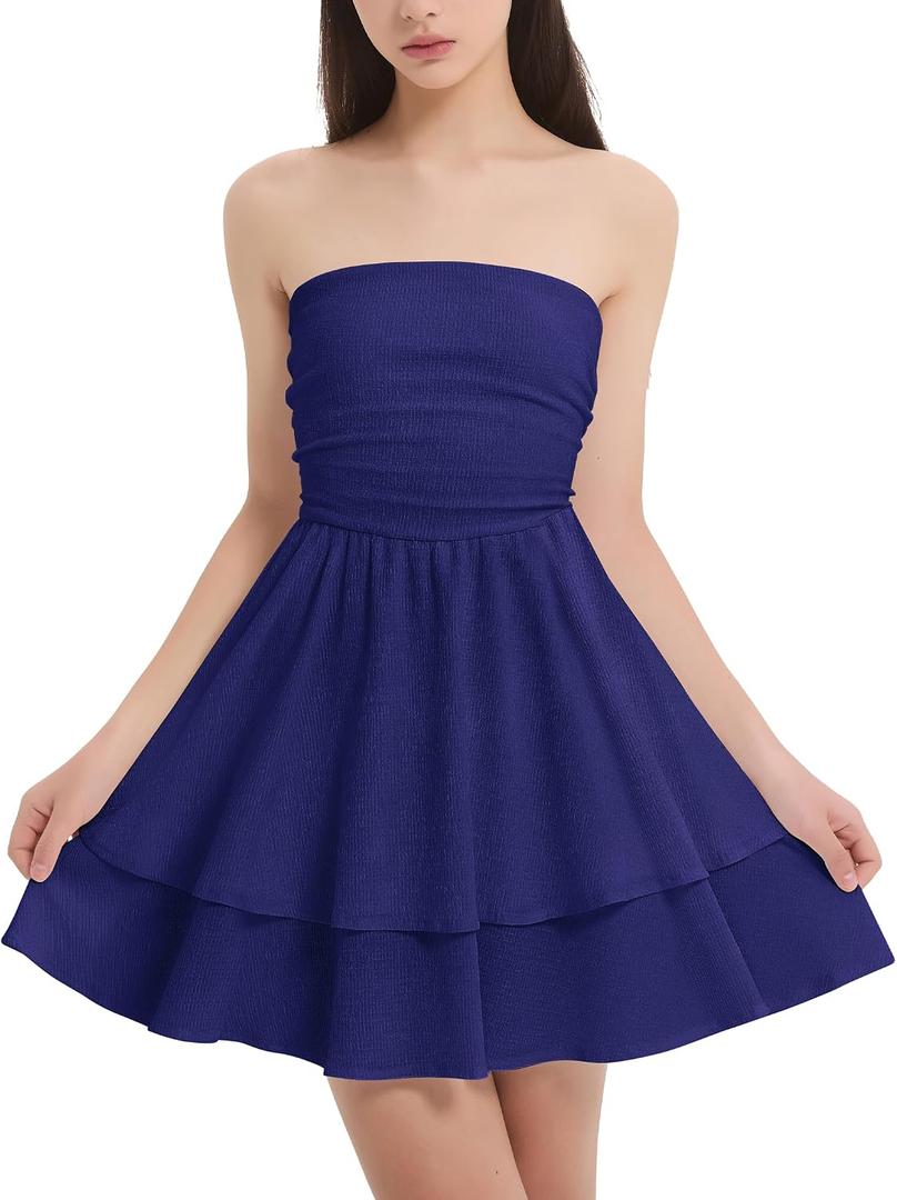 EXARUS Girls Strapless Padded Dresses Tube Top Smocked Ruffle Hem A-Line Teen Mini Graduation Summer Casual Dress 12Y