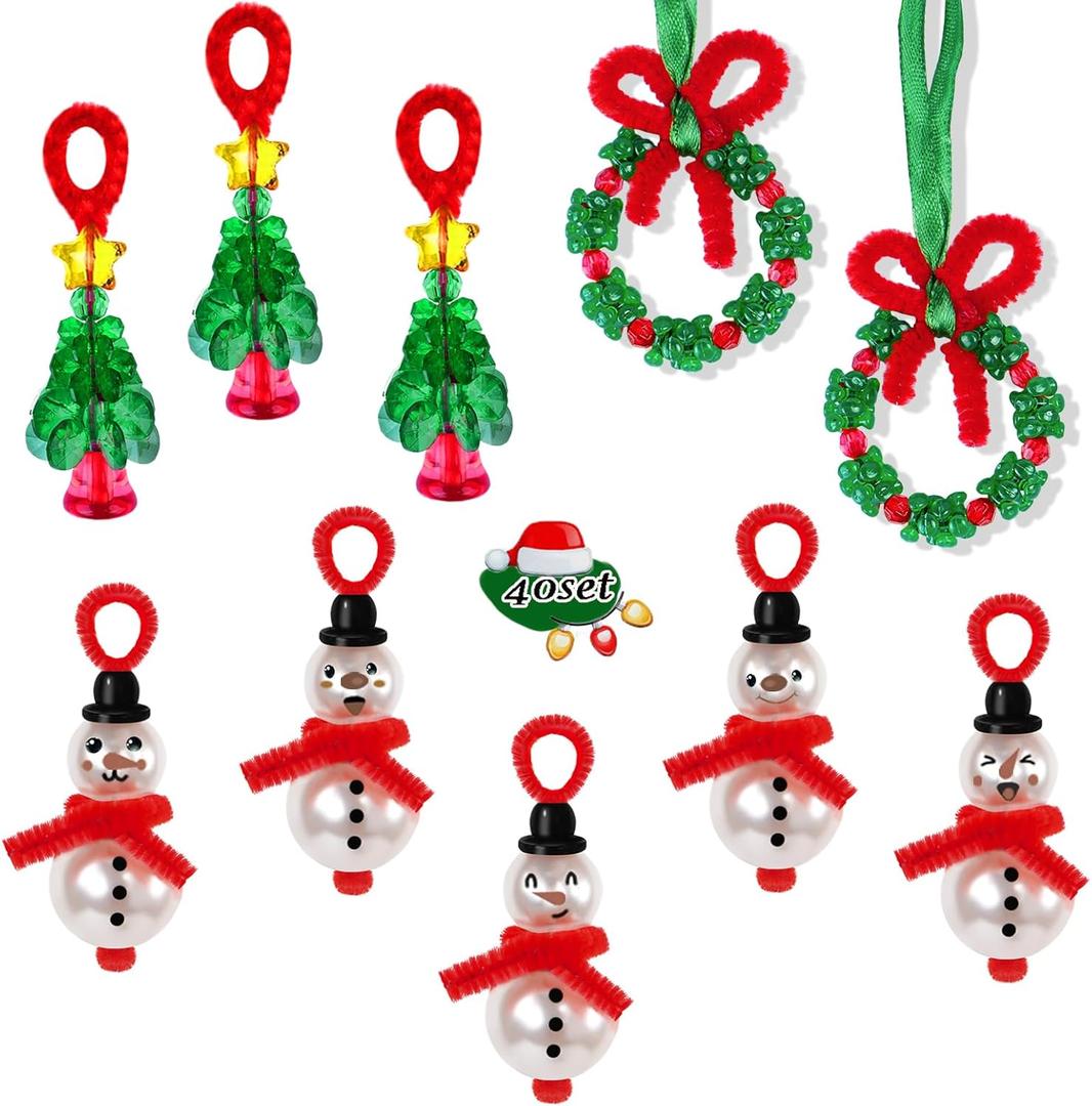 NESTRE Christmas Crafts for Kids - 40 Sets Christmas Beaded Ornament Kits Including 10Pcs Snowman 5 Styles 2 for Each Style,22Pcs Wreath,8Pcs Xmas Tree,for Xmas Holiday Party Tree DIY Decorations