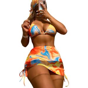 COZYEASE Women's 4 Piece Swimsuits Sexy Bikini Sets Triangle Bathing Suit with Mesh Cover Up Beach Skirt & Bandana (Medium, Multicolor All Over Print)